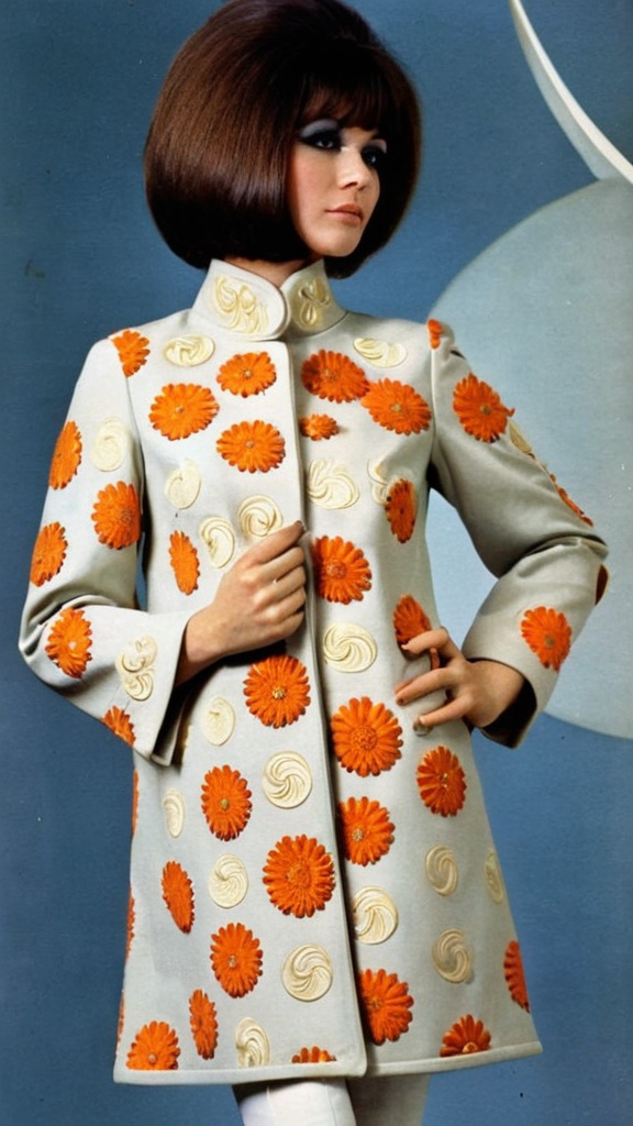 Prompt: Fancy fashionable 1968 mod jacket with chrysanthemums, stars, and crescent moons 