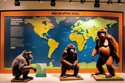 Prompt: American Museum of Natural History Hall of Primates diorama with an Amazonian Mapinguari, Northern Sasquatch, and Bob, the Home Depot lumber guy