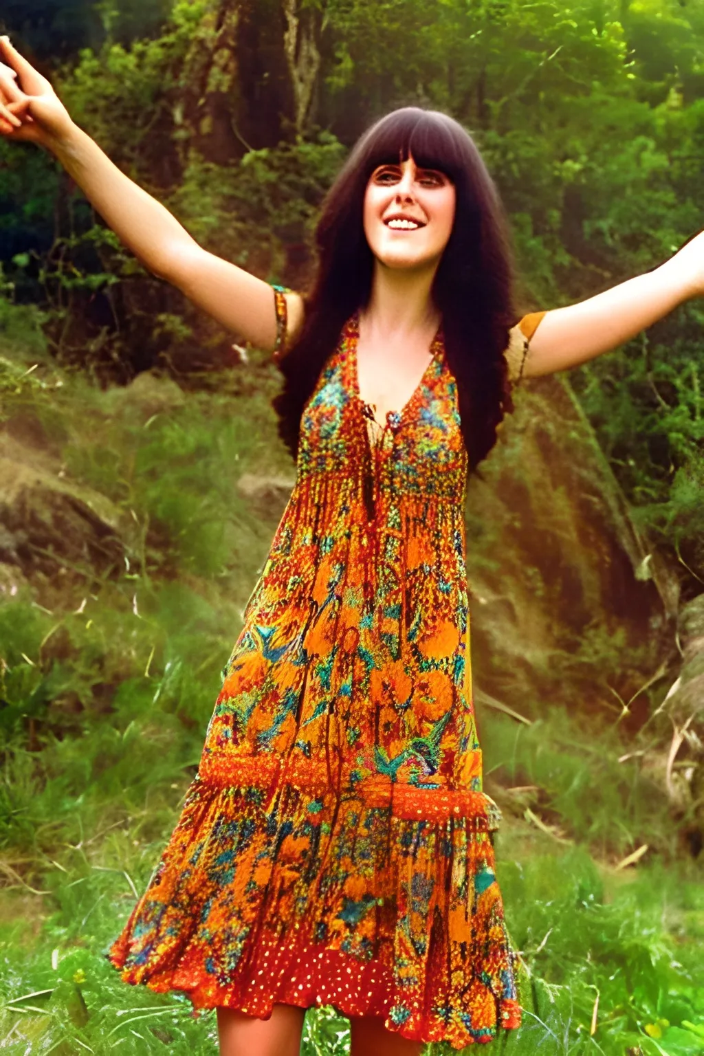 Prompt: Jefferson Airplane singer Grace Slick in a psychedelic flower print peasant dress. Straight black hair. Blue eyes. Jumping. Laughing. Young. 1968