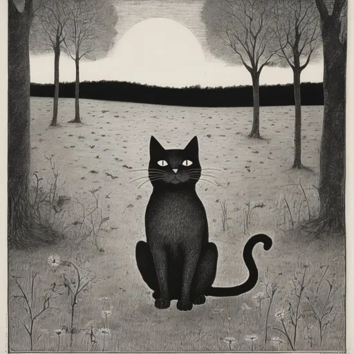 Prompt: Edward Gorey etching of a very happy cat in a wildwood meadow 