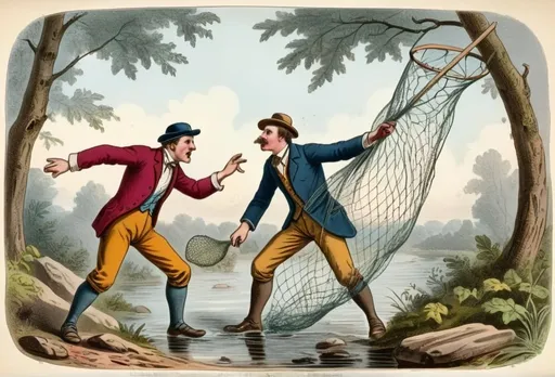 Prompt: The naturalists attempt to catch a wild fart with a net, hand-colored vintage English engraving circa 20th century, colorful, romanticism, full body