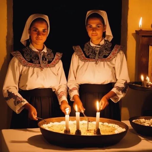 Prompt: Hvarnarian girls serving a traditional Botj Night meal to honored guests as the ceremonial candles are lit 