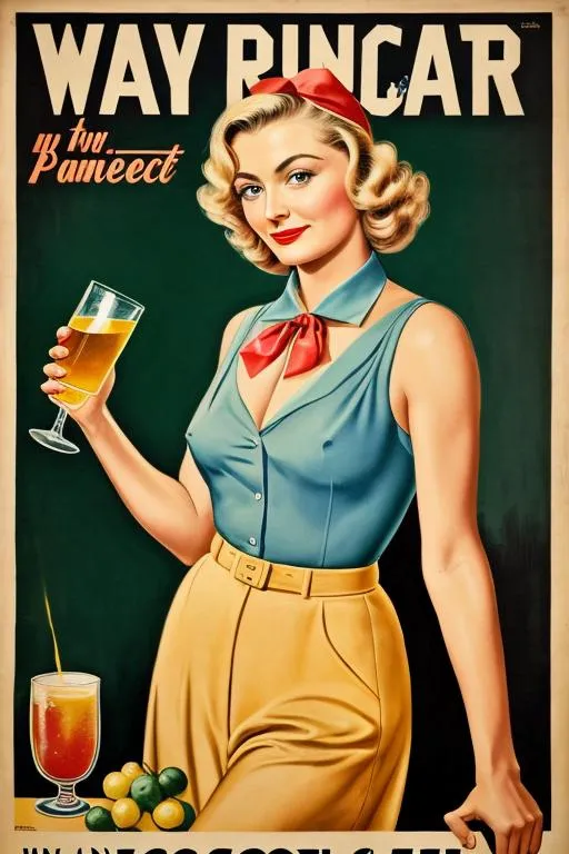 Prompt: Poster art of Constance Bennett in an American WWII WPA poster with her hair in a bandanna holding a glass of cider, 1942, serious, important, dire, inspirational, patriotic, propaganda, lesbian, “Join the Civilian Cider Corps”  bow tie, bright colors technicolor, WARTIME, modest, pretty, 