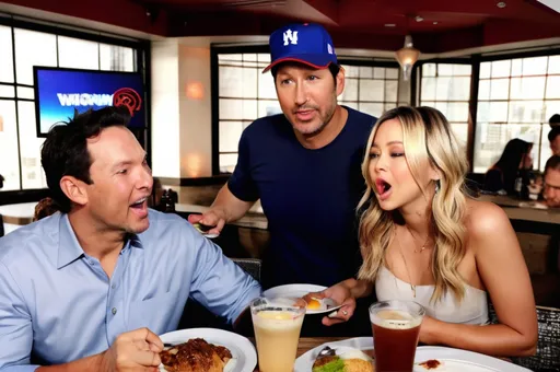 Prompt: Homo FOMO: Hideo Nomo and Tony Romo eating loco moco with Chris Cuomo and Kaley Cuoco 