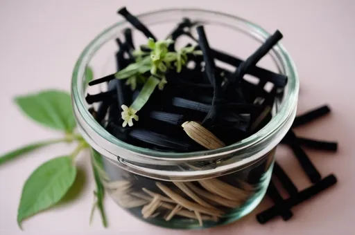 Prompt: Bouquet garni of toenails, hair, and black licorice 