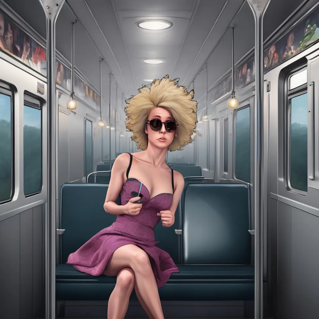 Prompt: Nuclear hair rides the train to work on a Monday morning with a hangover 