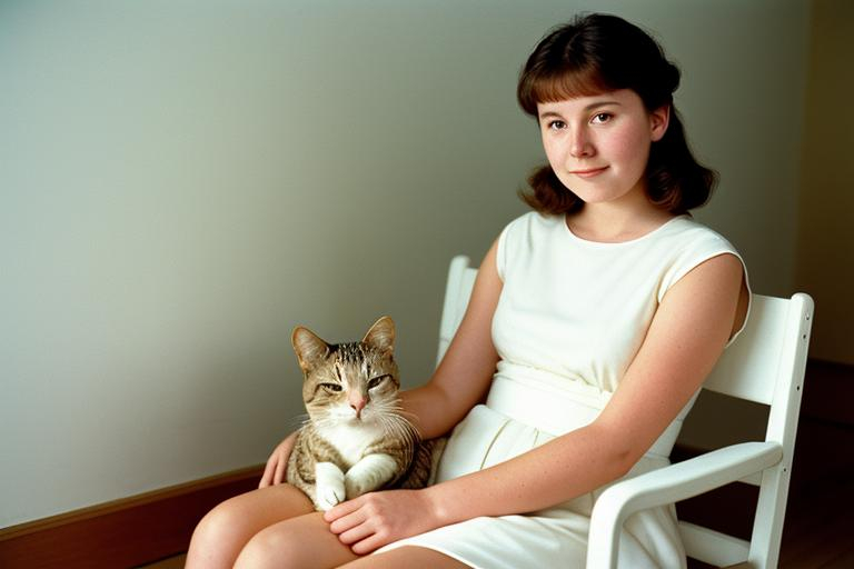 Prompt: Portrait of Eileen "Bundle" Brent, age 22, sitting in a chair gently stroking a sleeping cat, dressed in white, white plaster wall, golden hour light, drawn and inked by Hayao Miyazaki, 1990