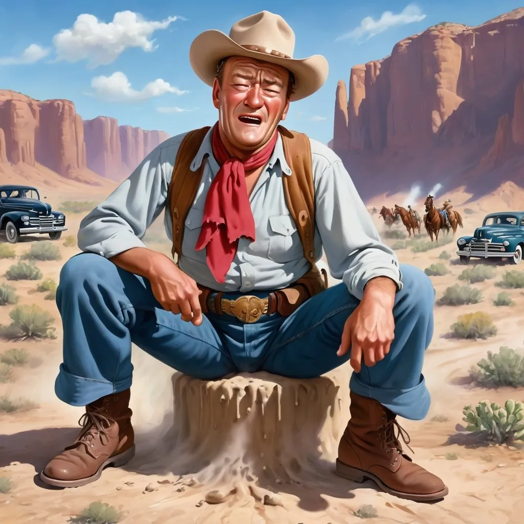 Prompt: John Wayne smells the worst fart in the world 