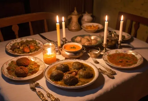 Prompt: Traditional Ignorti feast with pasestes, mulchunts, yalt, and steamed engorgements served in small portionsin a candlelit room upon an embroidered pester yolp