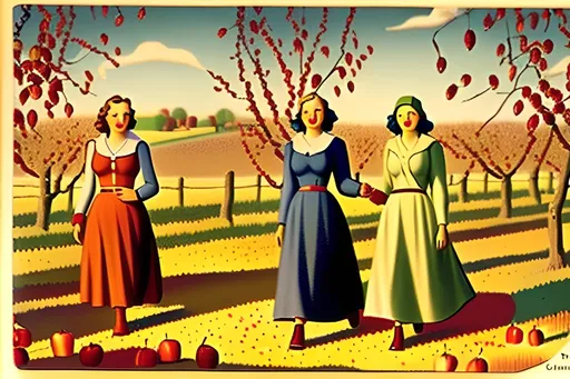 Prompt: 1938 holiday card, autumn in an apple orchard, two women walking, painted by Grant Wood 