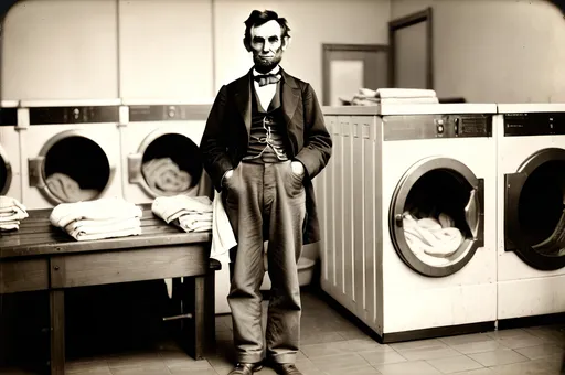 Prompt: Photograph of Abraham Lincoln at the laundromat waiting for his pants to dry by Matthew Brady, 1864 