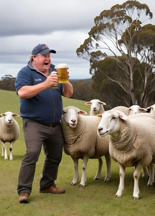 Prompt: Australian dunchhook Nigel Tarbunkle doing the thing with the sheep and the beer can 