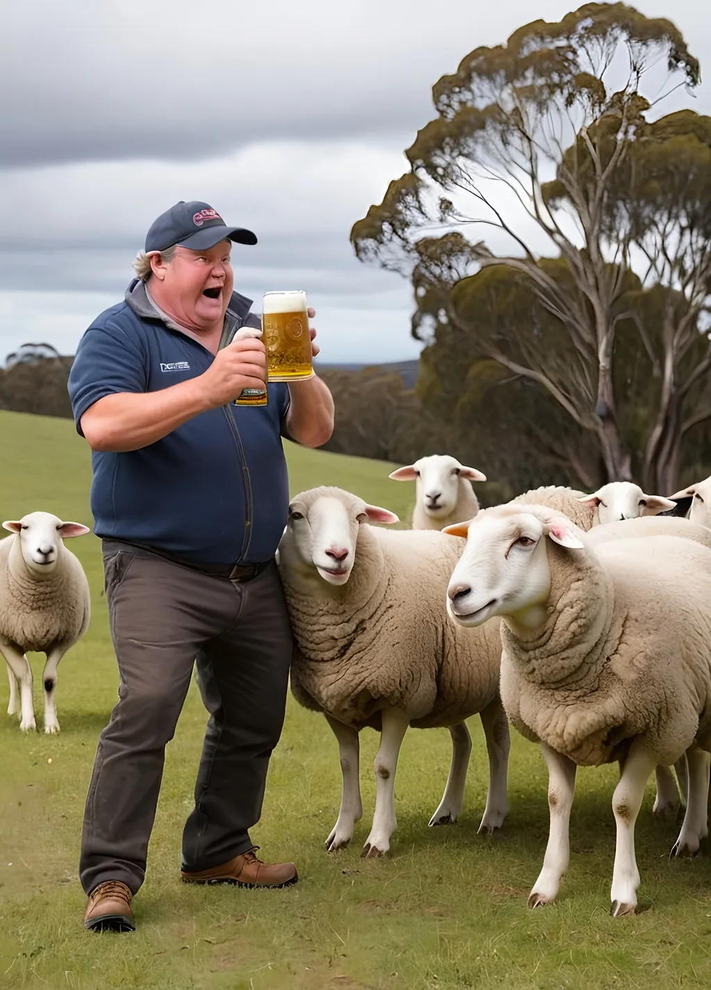 Prompt: Australian dunchhook Nigel Tarbunkle doing the thing with the sheep and the beer can 