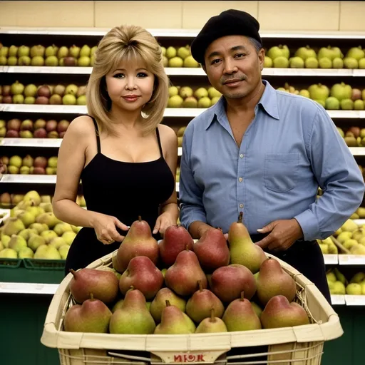 Prompt: Pia Zadora, and Mr. Erect Oki buy pears at the supermarket 