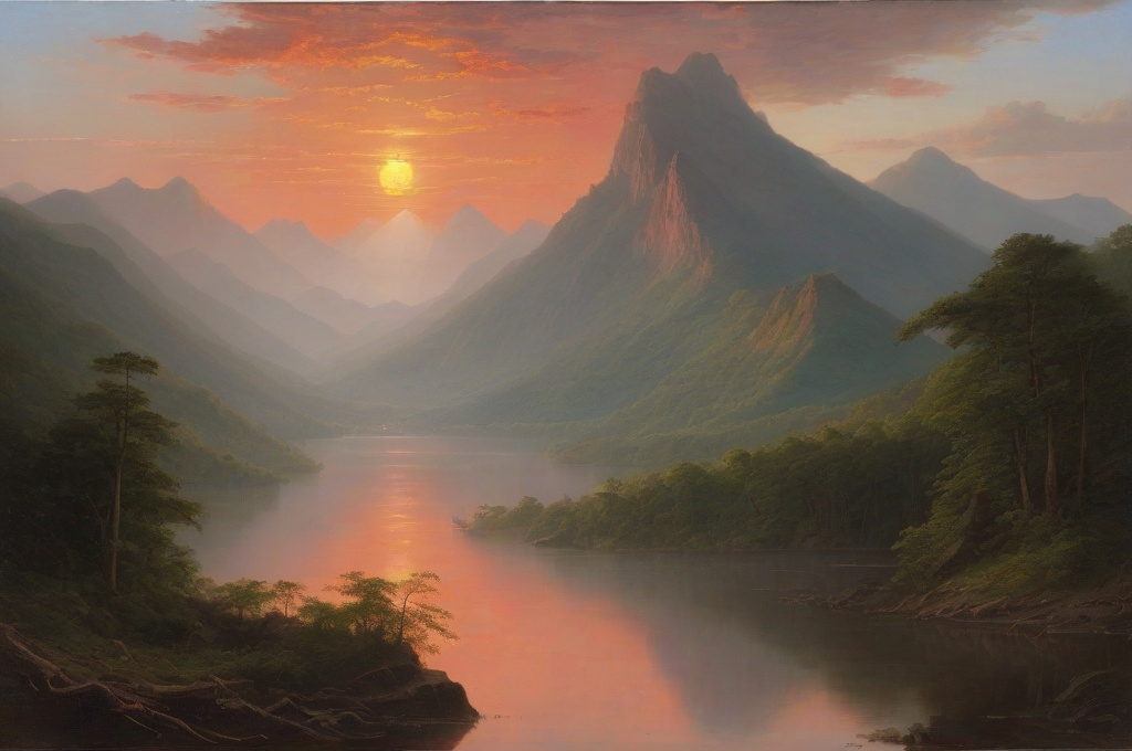 Prompt: “Tian Shen Mountain Sunrise” painted by Frederic Church, 1858, oil on canvas, landscape, Hudson River school, protoimpressionist, 