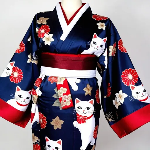 Prompt: Beautiful yukata with cats and a dark red obi 