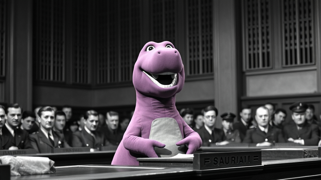 Prompt: Nazi Barney the purple dinosaur as a defendant in the dock, the war crimes trial at Nuremberg, April 1946