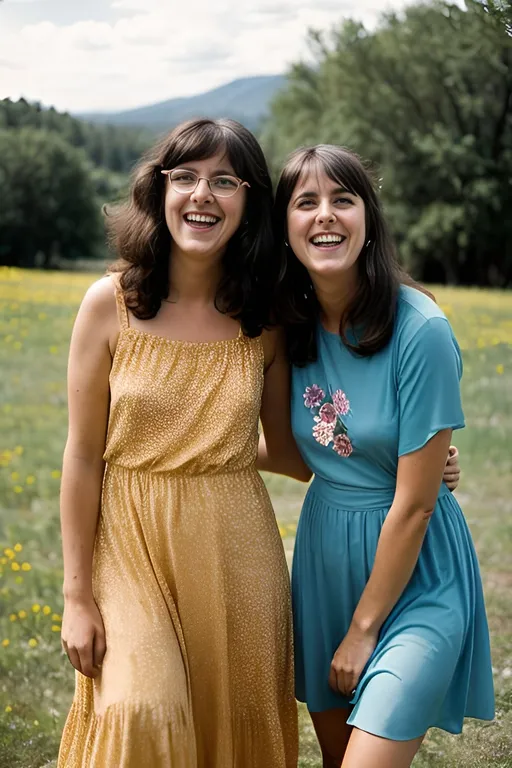 Prompt: Tina Belcher and Grace Slick in hippie flower dresses, 1968, laughing, important, dire, inspirational, fun, heroic, stoic, butch lesbian, cottagecore,  technicolor, modest, realism, Americana, Norman Rockwell, Tina is shorter than Grace