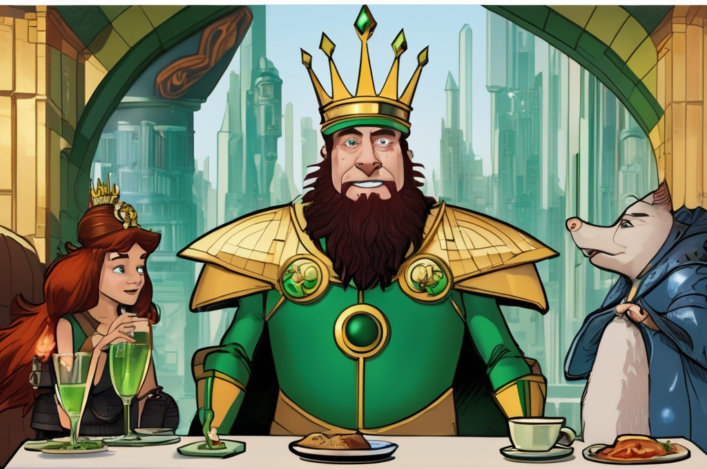 Prompt: The Nome King at brunch with General Jinjur in The Emerald City in the Kingdom of Oz.