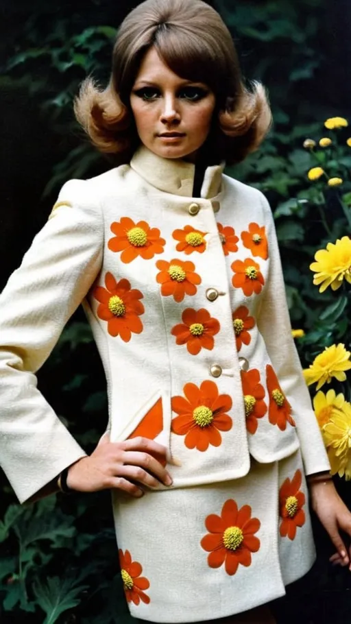 Prompt: Fancy fashionable 1968 mod jacket with chrysanthemums, cats, and zigzags 