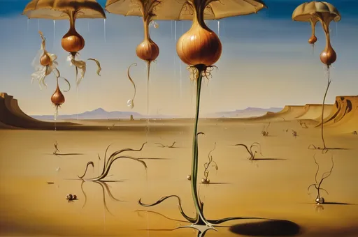 Prompt: “A Rain of Onions in the Desert at Teatime, Dancing” painted by Salvador Dali, 1946, oil on canvas 