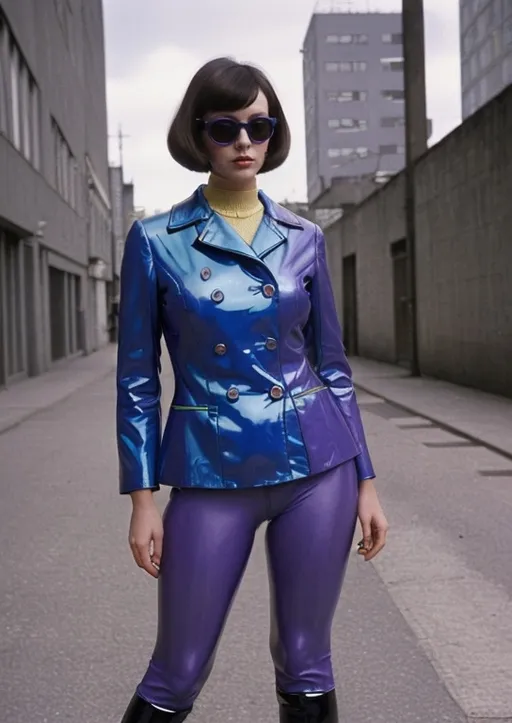 Prompt: Mod dress, 1968, bright patterns, midcentury, Hepton-Glumpff label, German modern style, dark haired model, urban setting, glossy fashion magazine photo, electric blue jacket, purple leggings, knee boots, sunglasses, plus size 