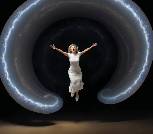 Prompt: Very surprised lady appears in the Permian after stepping through a temporal wormhole. 