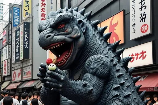 Prompt: Happy Godzilla eating dango in Dotonbori