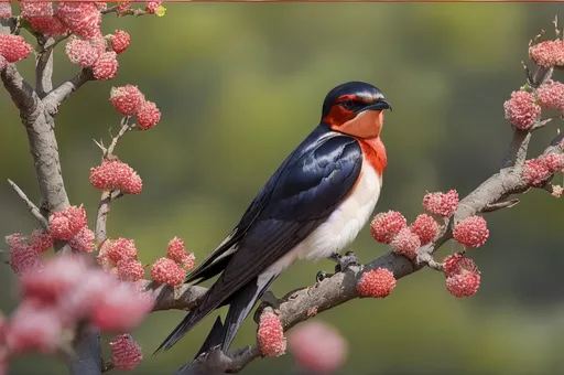 Prompt: Great scarlet-crowned swallow roosting in a hawthorn tree in spring 