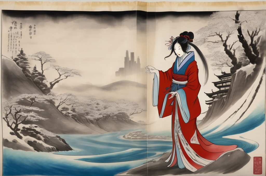 Prompt: Colorful scroll of the tale of Yuki-onna’s appearance in Chicago, where she tried deep dish pizza, but stained her kimono, and cursed the city with a never ending wind, ink on paper, 1636