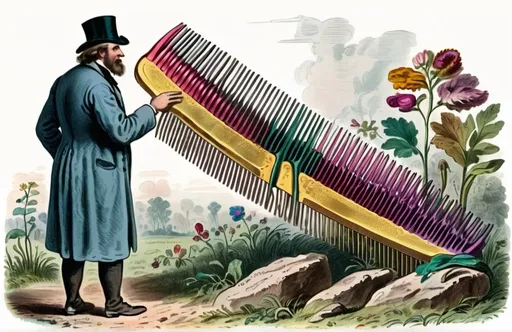 Prompt: The naturalist in the field encounters a Giant Comb, hand-colored vintage English engraving circa 19th century, colourful, romanticism, full body, unexpected, mysterious 