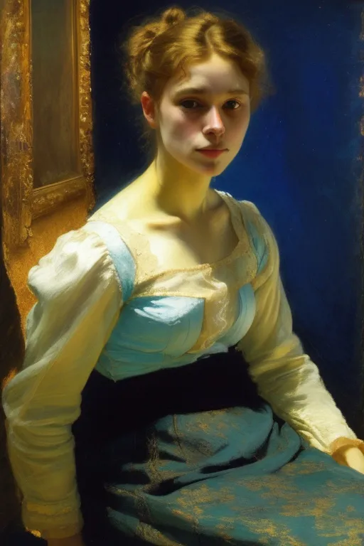 Prompt: “Portrait of Fionna Campbell” by Ilya Repin, 1889, oil on canvas, subject sitting, golden hour, blue velvet, whole body, barefoot, interior, 