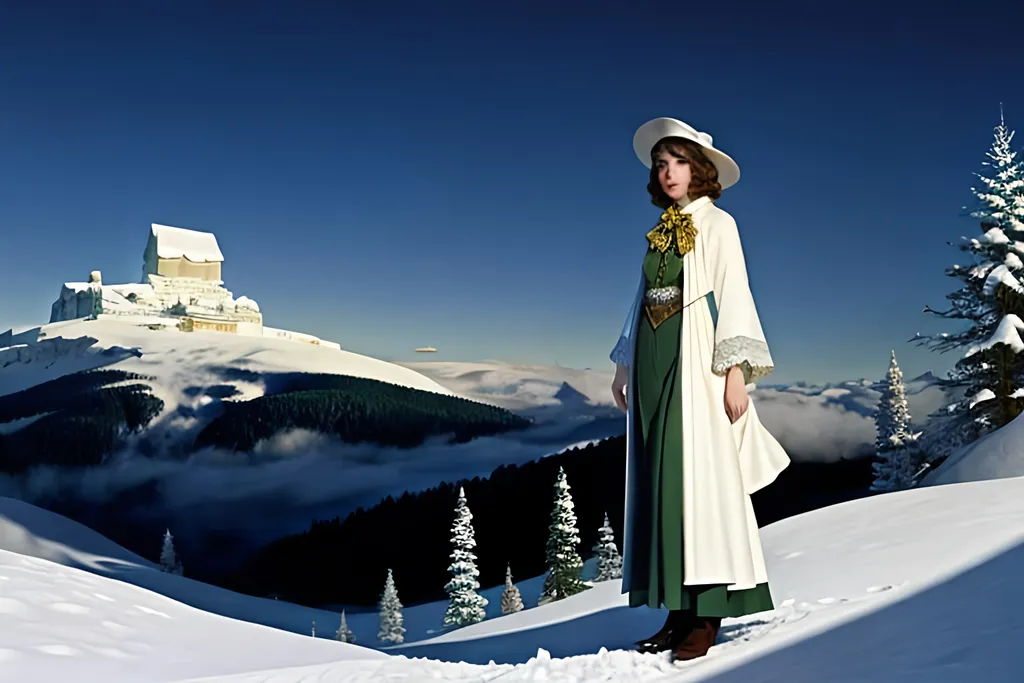 Prompt: Eleanor Plont on her snow day, in the style of Maxfield Parrish 