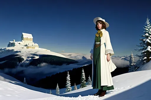 Prompt: Eleanor Plont on her snow day, in the style of Maxfield Parrish 