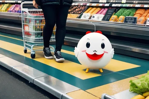 Prompt: anthropomorphic scallop in line at the grocery store 