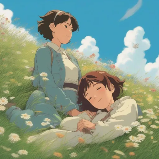 Prompt: Lesbian Ghibli characters laying on the grass, in a tall grassy meadow with flowers under a blue sky with fluffy white clouds above 