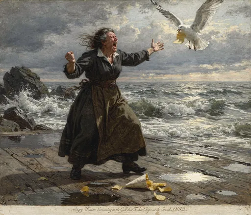 Prompt: Ilya Repin’s epic painting “Angry Woman Screaming at the Gull That Took Her Chips at the Seaside,” 1882, oil on canvas 