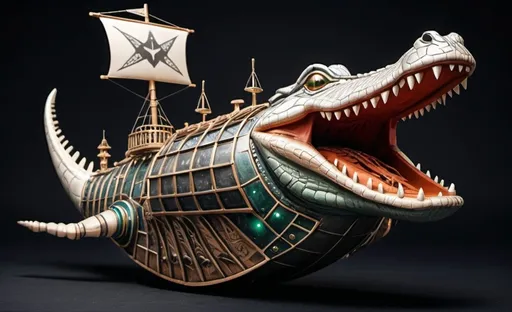 Prompt: Alligator spaceship with tattooed sails and a platinum liver