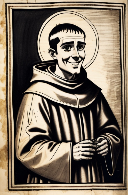 Prompt: Heroic portrait of the inventor of autofellatio, young Friar “Smiling” Thomas Bleachbreath, ink on parchment, 1300