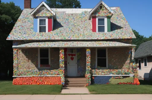 Prompt: The Mavis Tressel house in Loraine, WI (an ordinary house on a quiet suburban street covered entirely with small stickers from pieces of fruit and vegetables except for the rooftop and windows) 