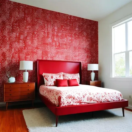 Prompt: Mid century modern red wallpaper bedroom 