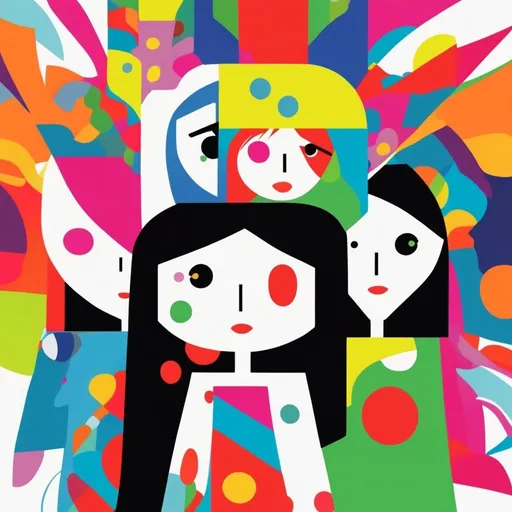 Prompt: illustration character design, cartoonish whimsical style.Shonen Knife album cover,bright colors simple shapes,white backdrop