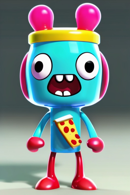 Prompt: Make a figurine of Jellybean Guy  from Adventure Time. He resembles a jellybean and has a wrench and a pizza and wears a plastic grocery bag on his head. The figurine is displayed inside a box with "Jellybean Guy" and “Adventure Time” logo for the box, allowing visibility of the figure, typography, 3D render