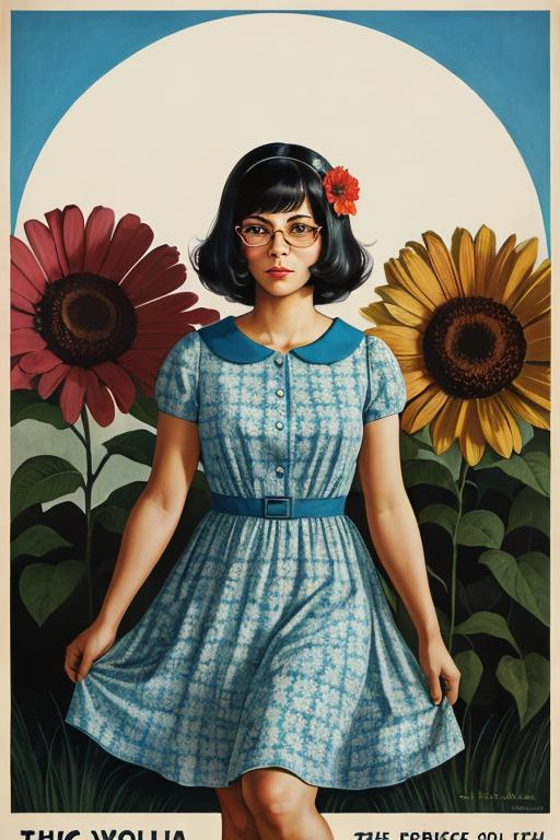 Prompt: Poster art of Tina Belcher in a flower dress, 1968, in an American WPA poster, serious, important, dire, inspirational, propaganda, heroic, stoic, butch lesbian, cottagecore,  technicolor, modest, realism, Norman Rockwell 