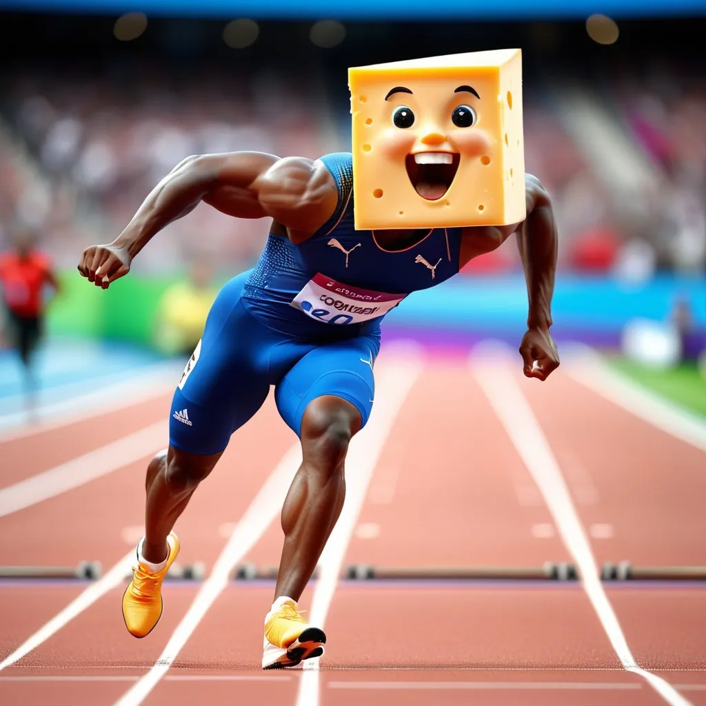 Prompt: A piece of cheese wins the 100 meter sprint at the Olympics, 