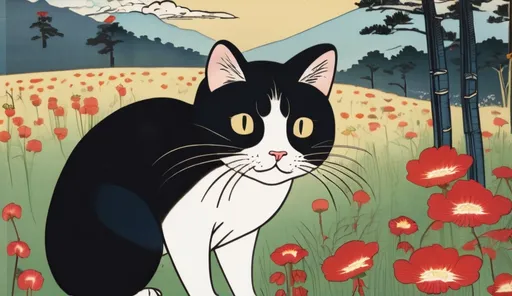 Prompt: Ukiyo-e of a very happy cat in a wildwood meadow 