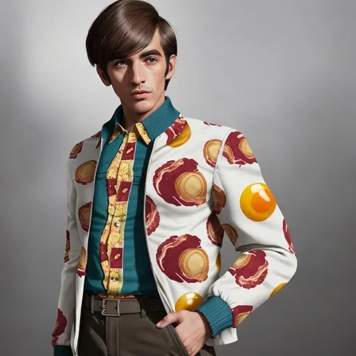 Prompt: Fancy fashionable 1968 mod jacket with fried eggs and bacon print 