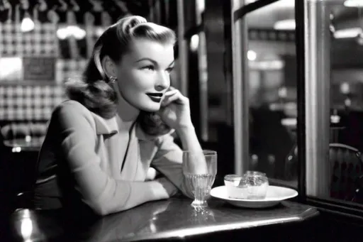 Prompt: Veronica Lake, no makeup, hair in a bun, at a diner after midnight
