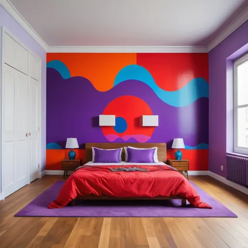 Prompt: a bedroom with a colorful wall painted in a pop art style and a king sized bed with a red comforter and purple pillows, Chris LaBrooy, colorful flat surreal design, pop art, mod, wood floors 