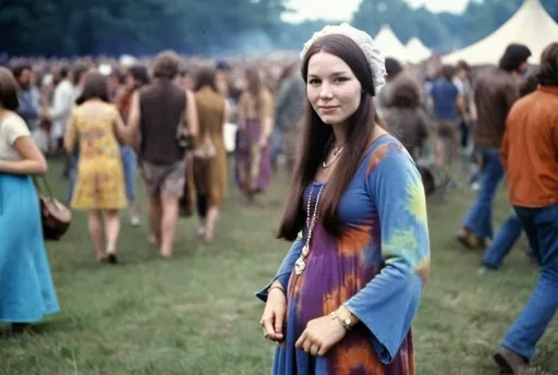 Prompt: Anne Boleyn at Woodstock, Hippies, tie-dye, 1969